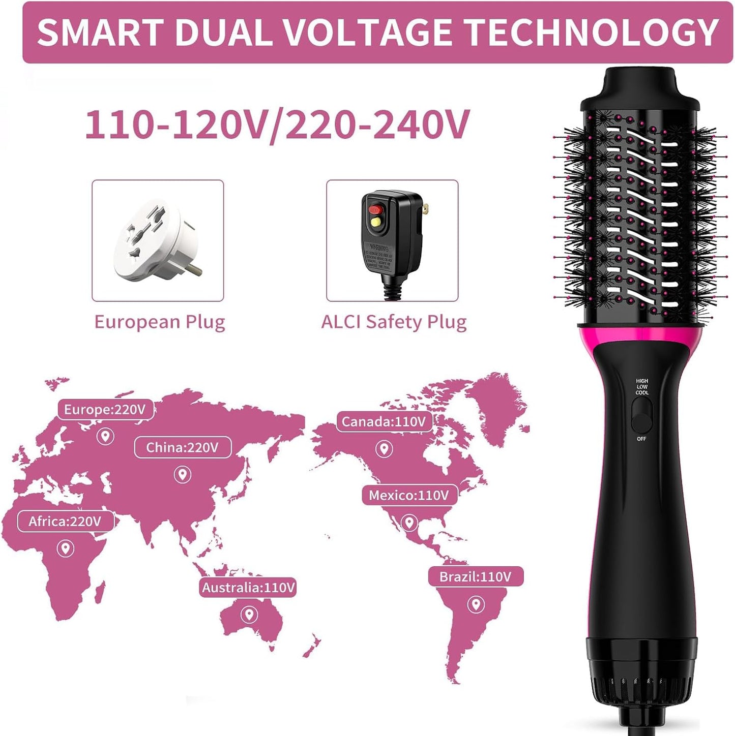 Plus 2.0 Dual Voltage Hair Dryer Brush with European Plug, Blow Dryer Brush for European Travel 125V - 240V One Step Hair Dryer and Styler Volumizer with Negative Ion Anti-frizz Styling Brush