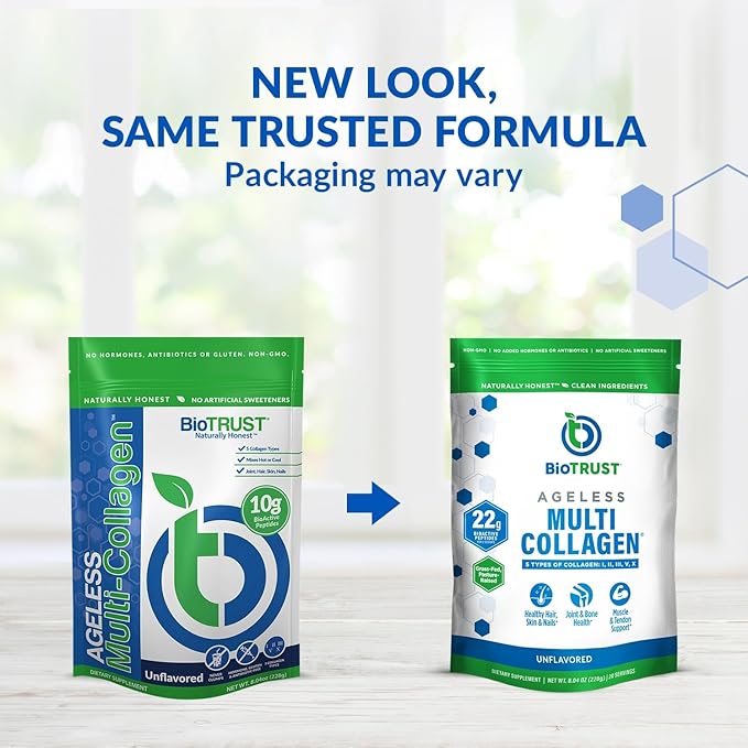BioTrust Ageless Multi Collagen Peptides Powder – 5 Types (I, II, III, V, X) – Unflavored Collagen Powder for Women & Men – Hydrolyzed Protein – Grass Fed Beef, Fish, Chicken, Eggshell Membrane