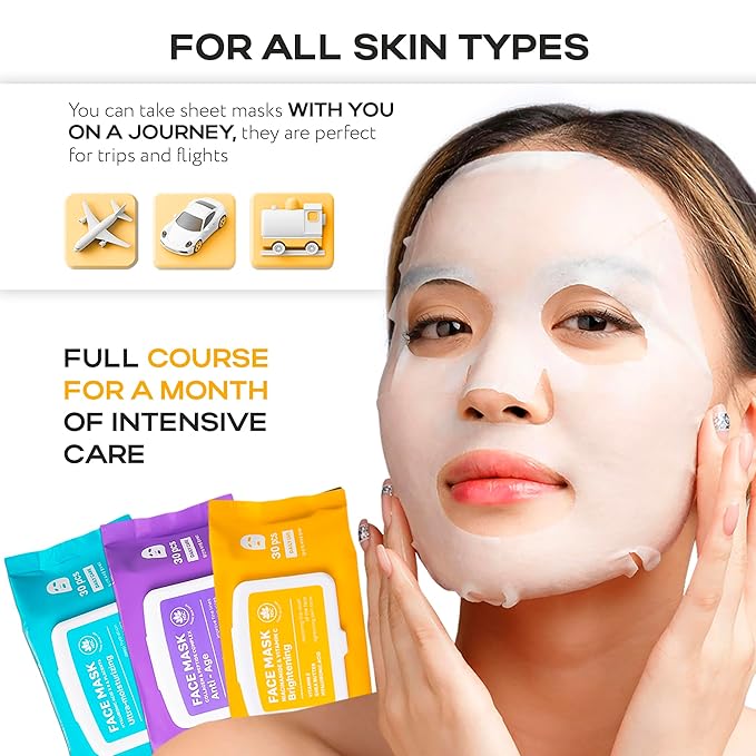 Korean Sheet Masks with Niacinamide & Vitamin C - 30-Pack Premium Face Mask Set - Intensive Hydrating Sheet Mask Collection - Advanced K-Beauty Skincare - Complete Monthly Supply for Daily Face Care