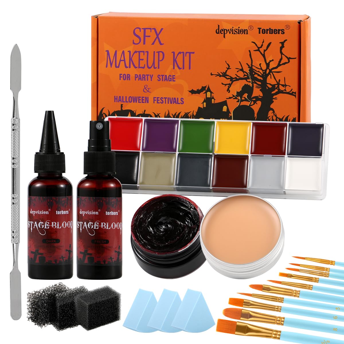 Depvision SFX Makeup Kit Halloween Makeup Set Professional Face Body Paint Special Effects Makeup Set with Fake Blood Scar Wax Oil Body Paint Sponges Brushes for Halloween Party SFX Cosplay