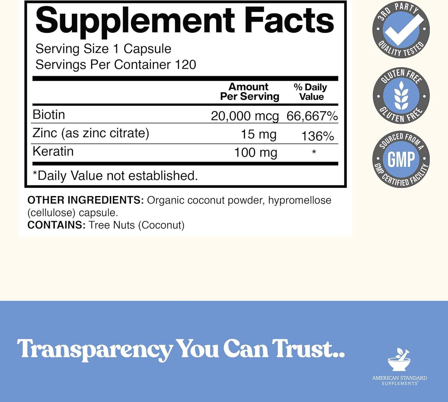 American Standard Supplements Biotin 20,000mcg with Keratin, Coconut Powder and Zinc, Biotin Supplement for Women and Men,120 Veggie Capsules, 120 Day Supply