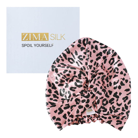ZIMASILK 22 Momme 100% Mulberry Silk Bonnet for Sleeping & Women Hair Care, Highest Grade 6A Silk Hair wrap for Sleeping with Premium Elastic Stay On Head (1Pc, Leopard Black/Pink)