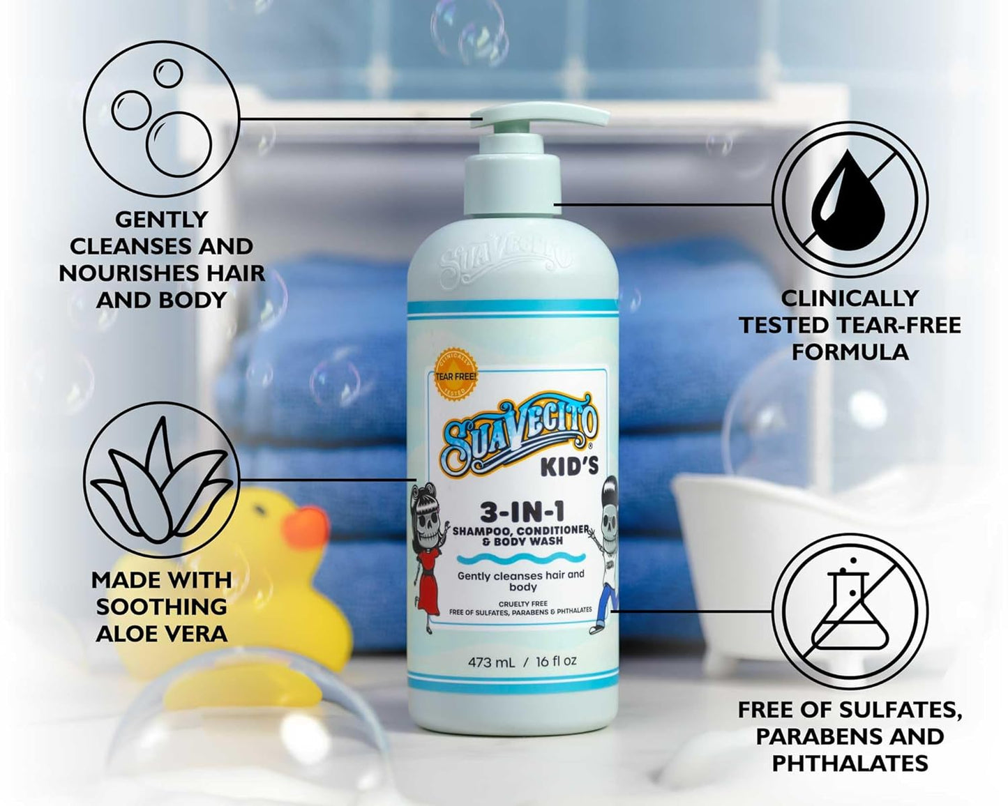 Suavecito Kid's 3-in-1 Shampoo, Conditioner, & Body Wash Milk & Honey Scent 16 oz Pump Bottle - Clinically Tested Cruelty Free Formula Free of Sulfate, Parabens, & Phthalates Ensuring No Tears