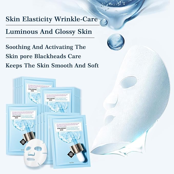 Face Mask Skin Care Hydrating Anti Aging Facial Mask Hyaluronic Acid Sheet Pack Deep Moisturizing Hydration Facemask Sheets for Women SkinCare Beauty Smoothing Rejuvenating Growing Gifts10 Sheets