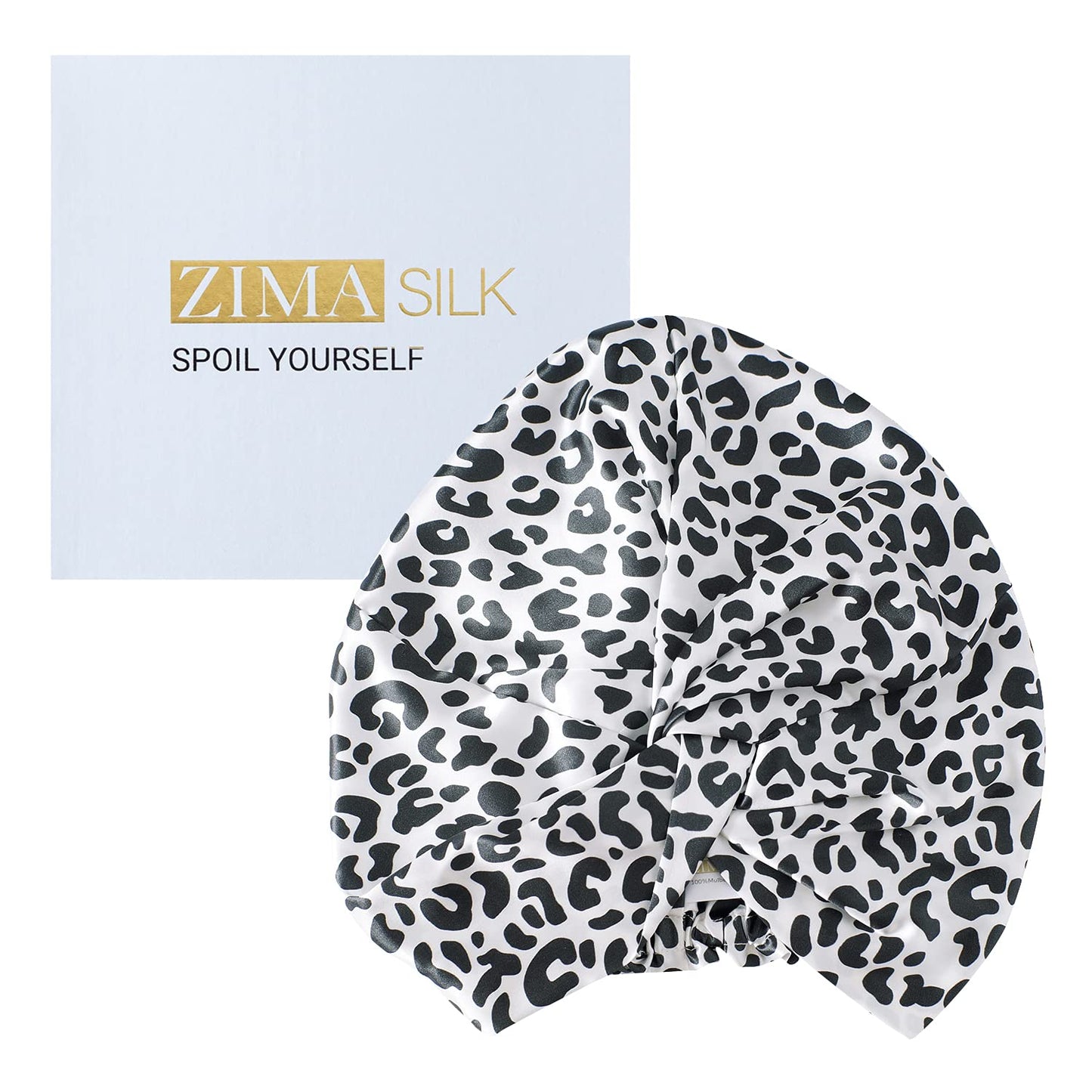 ZIMASILK 22 Momme 100% Mulberry Silk Bonnet for Sleeping & Women Hair Care, Highest Grade 6A Silk Hair wrap for Sleeping with Premium Elastic Stay On Head (1Pc, Leopard Black/White)