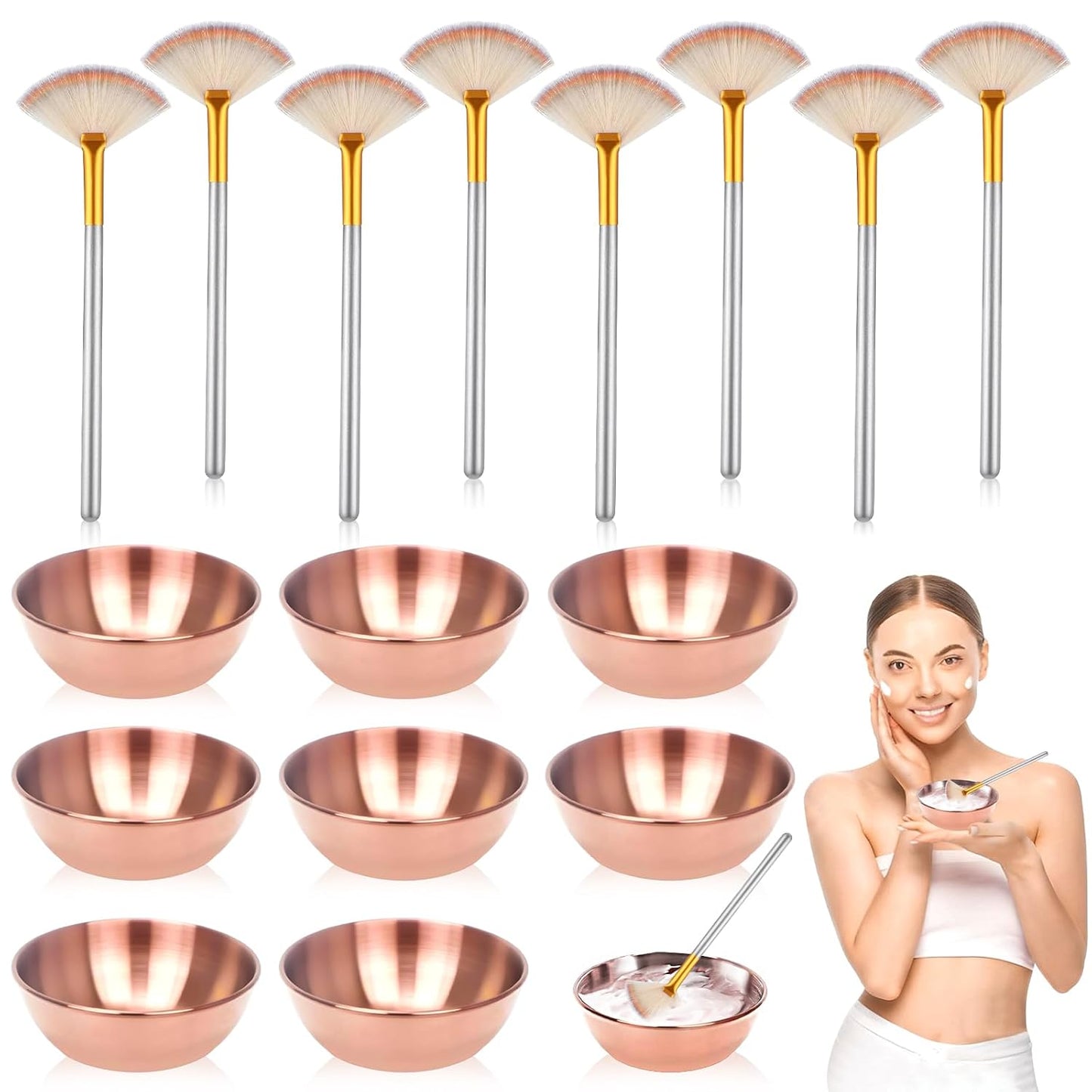 16 Pcs Rose Gold Esthetician Supplies 8 Facial Fan Brushes Esthetician 8 Rose Gold Stainless Steel Mixing Bowls Face Mask Brush Facial Bowls Esthetician for Mud Cream Makeup Spa Salon Women