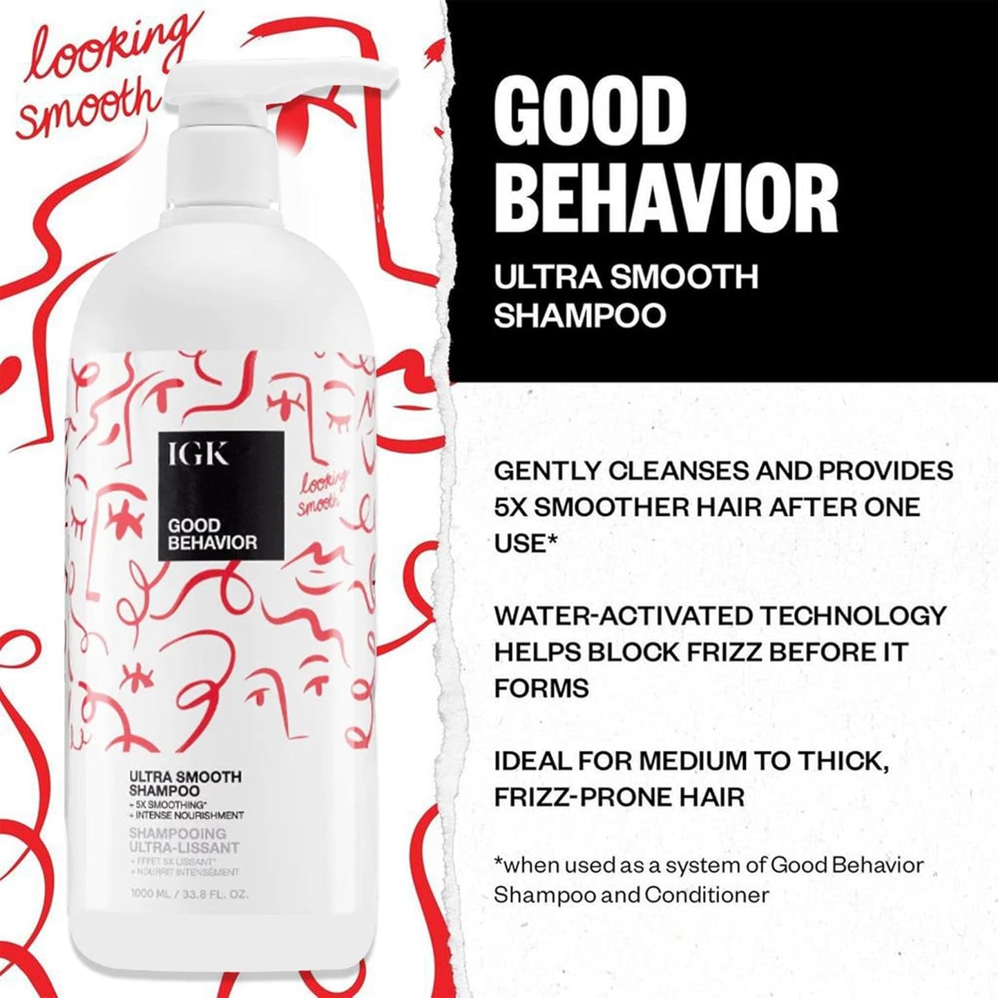 IGK GOOD BEHAVIOR Ultra Smooth Shampoo and Conditioner Set | Frizz Control + Hydrates + Shine | Vegan + Cruelty Free | 33.8 Oz