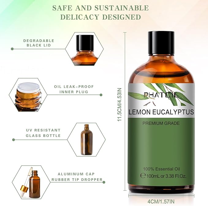 Lemon Eucalyptus 3.38fl.oz Essential Oil, PHATOIL Aromatherapy Essential Oils for Diffuser, Humidifier, Perfect for DIY Soap, Candle, Bath Bombs Making(100ml)