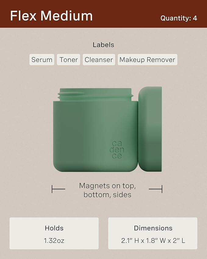 Cadence Travel Containers - Full Skincare Set - Magnetic Travel Capsules - 2 Small (0.56oz), 4 Medium Capsules (1.32oz), & Extender (1.43oz) with Multiple Labels for Better Organization - Pacific