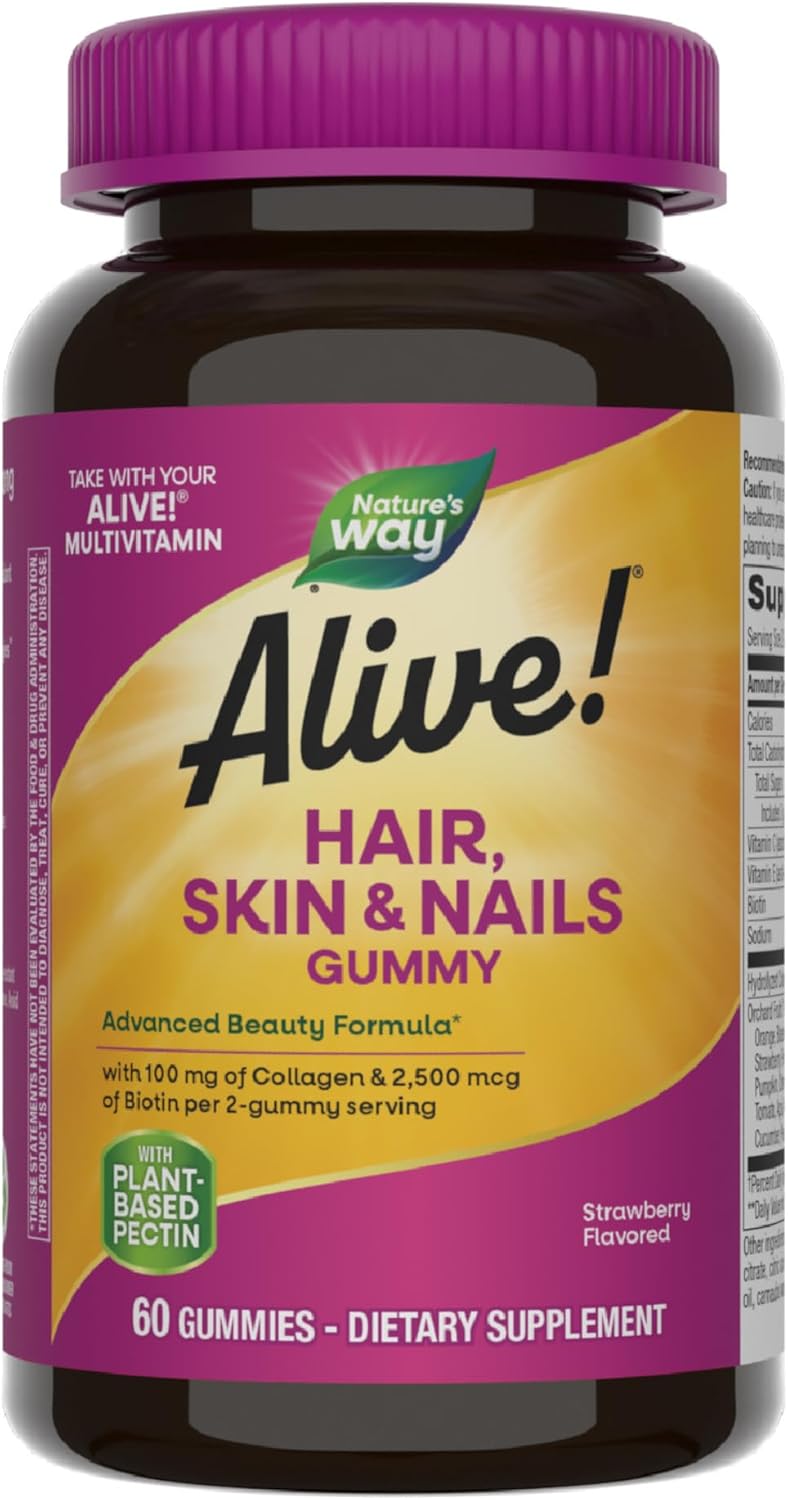 Nature's Way Alive! Hair Skin & Nails Biotin and Collagen Gummies, Advanced Beauty Formula*, Strawberry Flavor, 60 Count