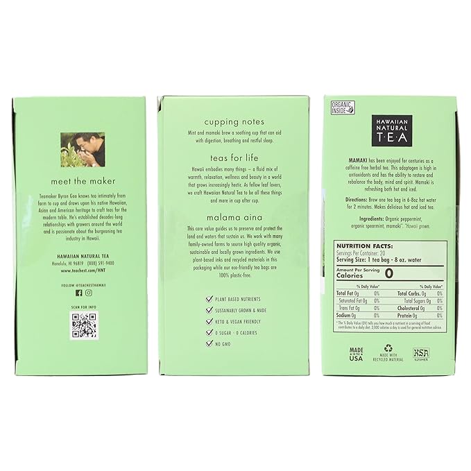 Hawaiian Natural Tea Organic Mamaki Mint Tea Blend - Caffeine Free Herbal Tea - Antioxidant-Rich, Calming, Wellness Tea for Bedtime, Anxiety & Stress - Gift for Tea Lovers - 60 Tea Bags
