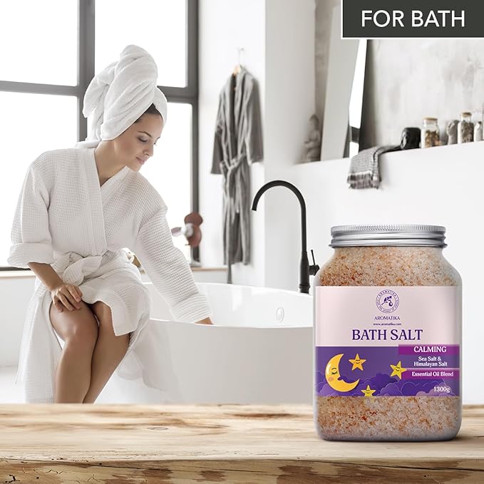 Calming Bath Salts 46 Oz - 1300g - w/Sandalwood & Lavender & Bergamot Essential Oils - Natural Bath Sea Salts 1.3 kg - Good Sleep - Relaxing - Body Care - Beauty - Aromatherapy