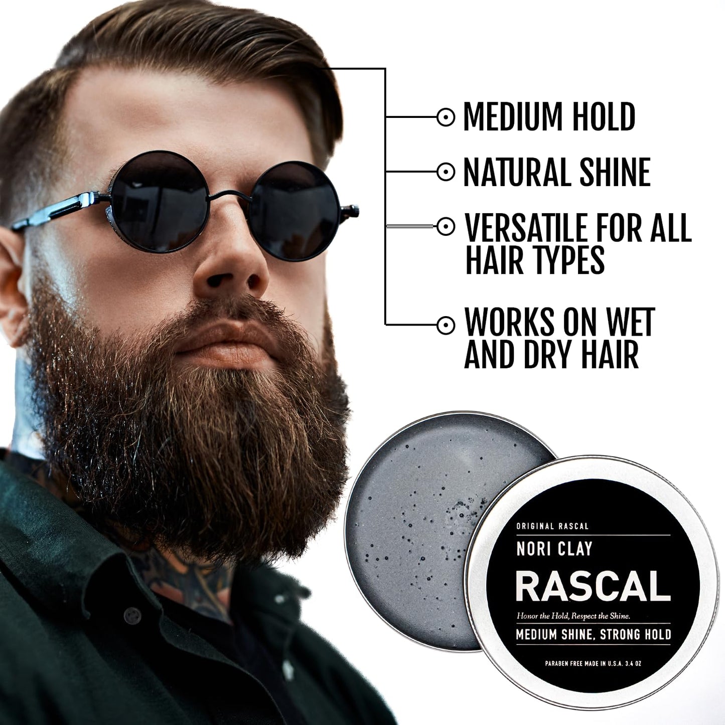 Rascal Nori Clay - Hair Styling Clay for Medium Shine & Strong Hold, Cruelty-Free, Paraben-Free, Made in USA, Ideal for All Hair Types, Made with Charcoal Powder, Aloe Leaf Juice, & Beeswax - 3.4 Oz
