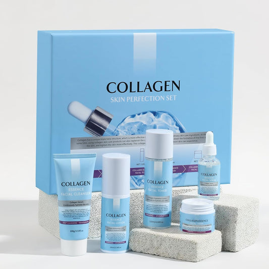 Collagen Skin Care Sets, 5 Pcs Facial Set for Skin Care for Women with Cleanser, Serum, Toner, Lotion & Cream, for Firming Skin, Reduce Wrinkles
