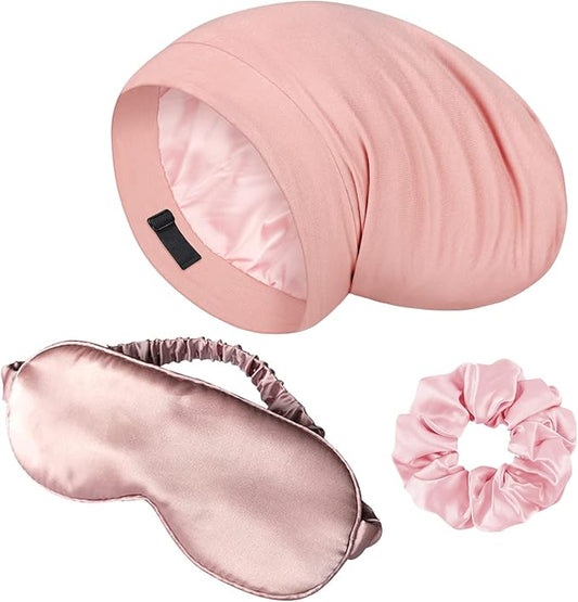 Lulusilk Silk Sleep Mask and Cap Set - Pink Silk Eye Mask and Bonnet Scrunchie Set