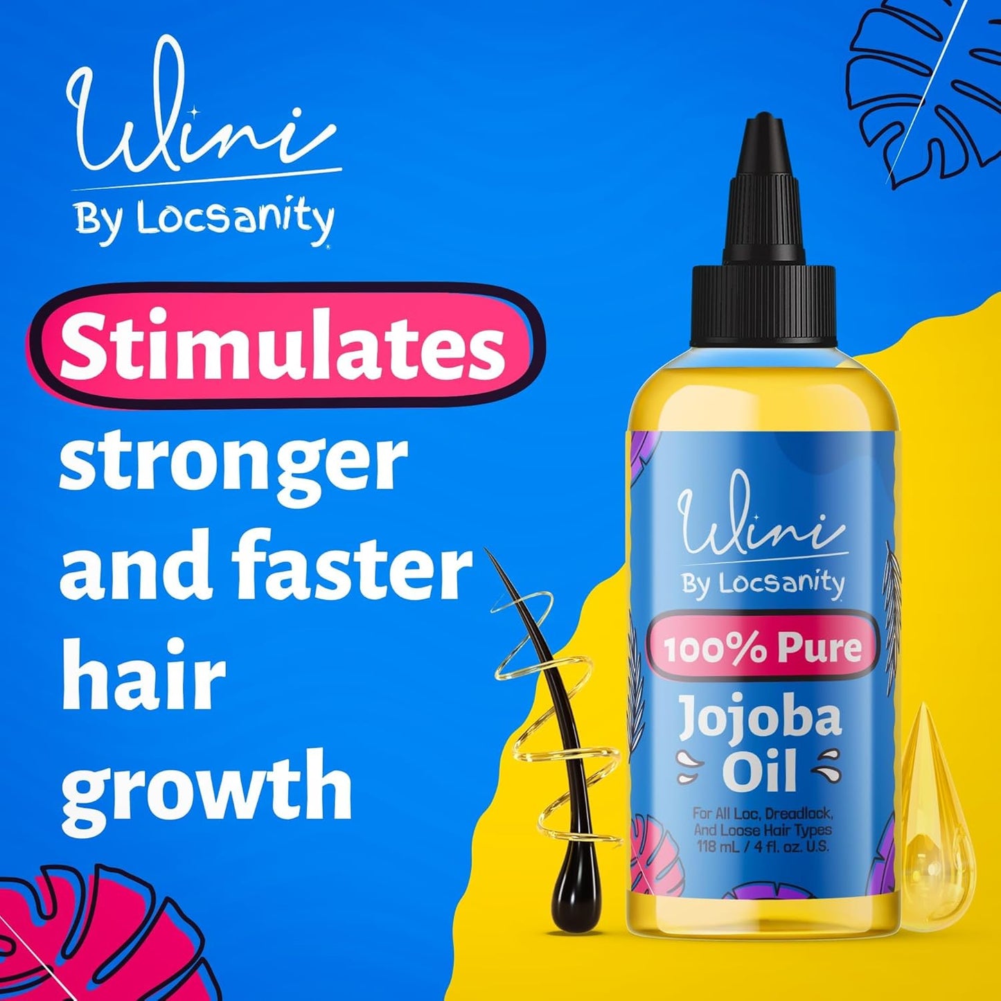 Locsanity Wini Pure 100% Jojoba Oil Organic Cold Pressed Unrefined Non-GMO - 4 fl oz: Moisturizing Face & Hair Oil for Growth, Skin Care, Strengthening & Nourishing