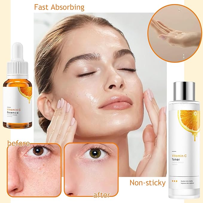 Vitamin C Skincare Set,Hydrating Travel Size Face Wash,Moisturizing Face Toner & Face Serum & Face Cream,Eye Cream Skin Care Gift Set for Women（9PCS)