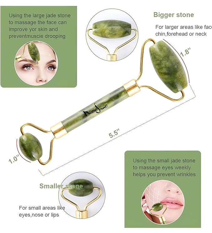 Jade Roller for Face and Gua Sha Facial Tools - Certified Face Roller and GuaSha for Your Skincare Routine - Birmania Jade 100% - Includes Real Jade and Stones, Skin Care Massage