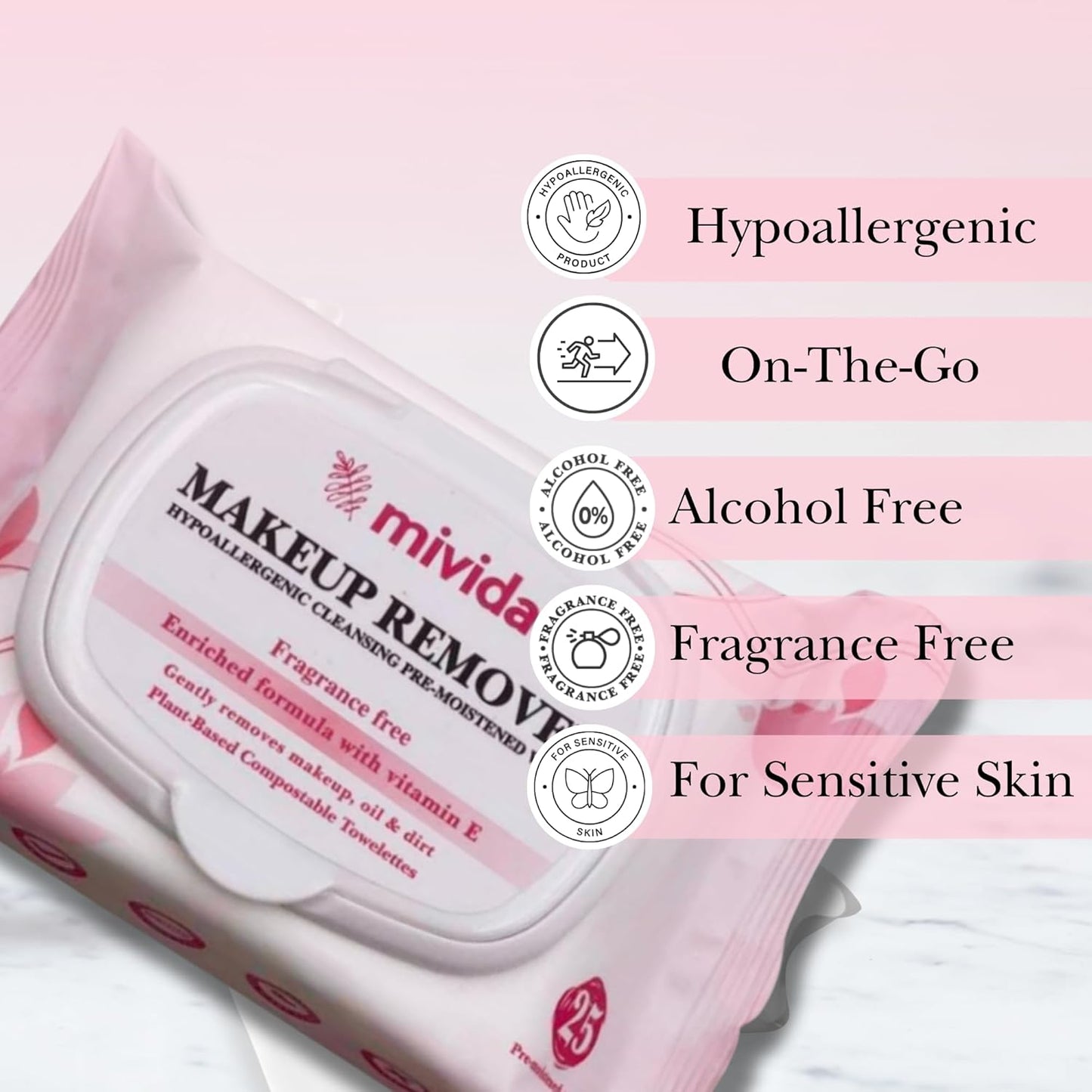 mivida Hypoallergenic Makeup Remover Wipes | Fragrance-Free with Vitamin E | Plant Based Facial Cleansing Make up Remover Face Wipes | Gentle on Sensitive Skin, 25 Count