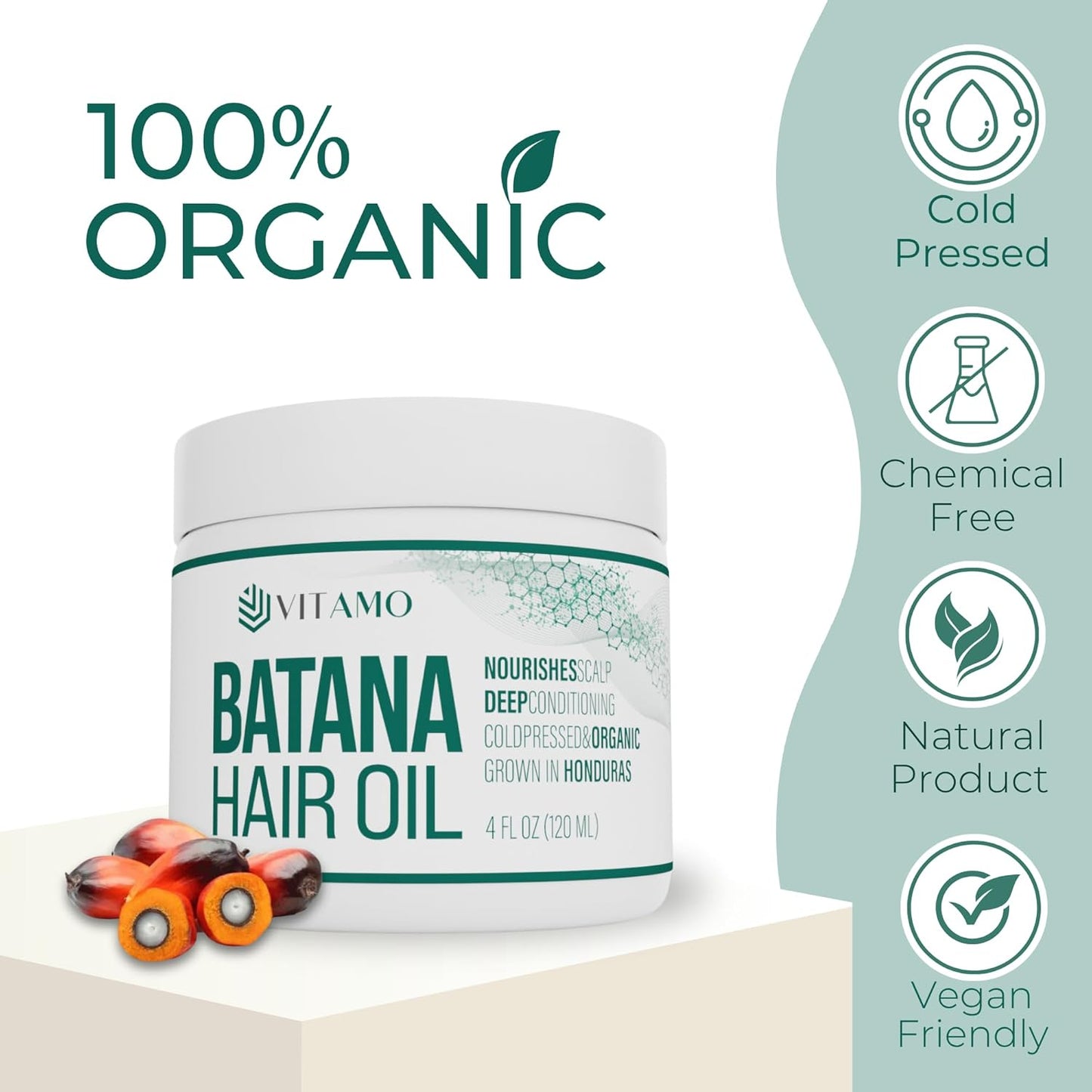 Vitamo 100% Organic Batana Natural Hair Growth Oil | Pure Elaeis Oleifera | Cold Pressed for Maximum Potency | Dr. Sebi Inspired Scalp & Hair Shine Treatment for Men and Women | No Burnt Smell