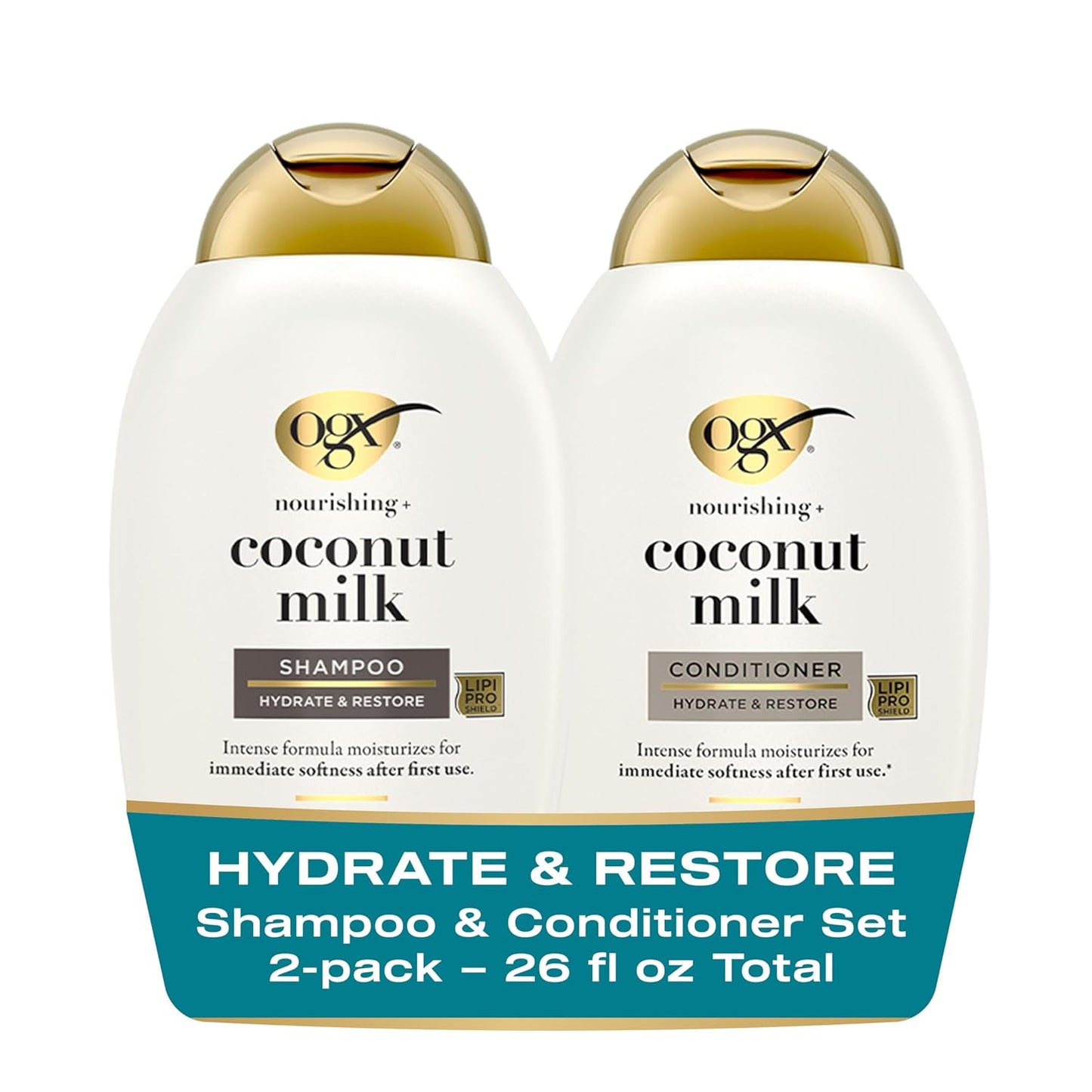 OGX Nourishing + Coconut Milk Sulfate Free Shampoo and Conditioner Set, Hydrates & Softens Hair, Lipi Pro Shield Technology, Creamy Coconut Milk White Peach & Shea Butter Scent, 2 Items, 2 x 13 fl oz