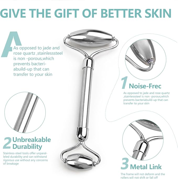 Stainless Steel Facial Roller - Metal Face and Eye Roller, Gua Sha Facial Tools Stainless Steel, Reduce Puffiness, Cooling Dual Sided Stainless Steel Facial Roller Massager