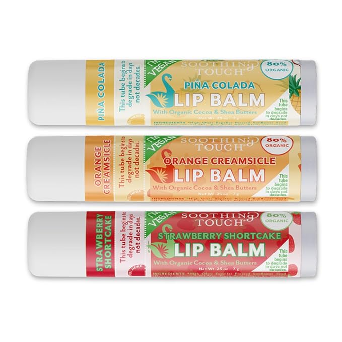 Vegan Lip Balm Set - Variety Pack of 3 Soothing Touch Lip Balms. Large 0.25 oz size. Includes Bonus Muslin Pouch Unique Gift Bundle by Tiny Seed (Strawberry Shortcake, Orange Creamsicle, Piña Colada)