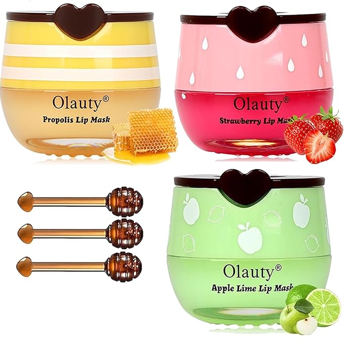 3 Pcs Bee Lip Balm Honey Pot,Honey Strawberry Lime Lip Mask,Lip Balm Moisturizing Lip Sleep Mask with Stick Hydrating & Prevention Dry and Cracked (Honey Strawberry Lime)
