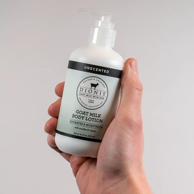 Dionis Goat Milk Skincare Unscented 8.5oz Hydrating Body Lotion & 3.3oz Hand & Body Nourishing Travel Size Cream Fragrance Free Bundle, Natural Ingredients, Made in the USA, Cruelty Free, Paraben Free