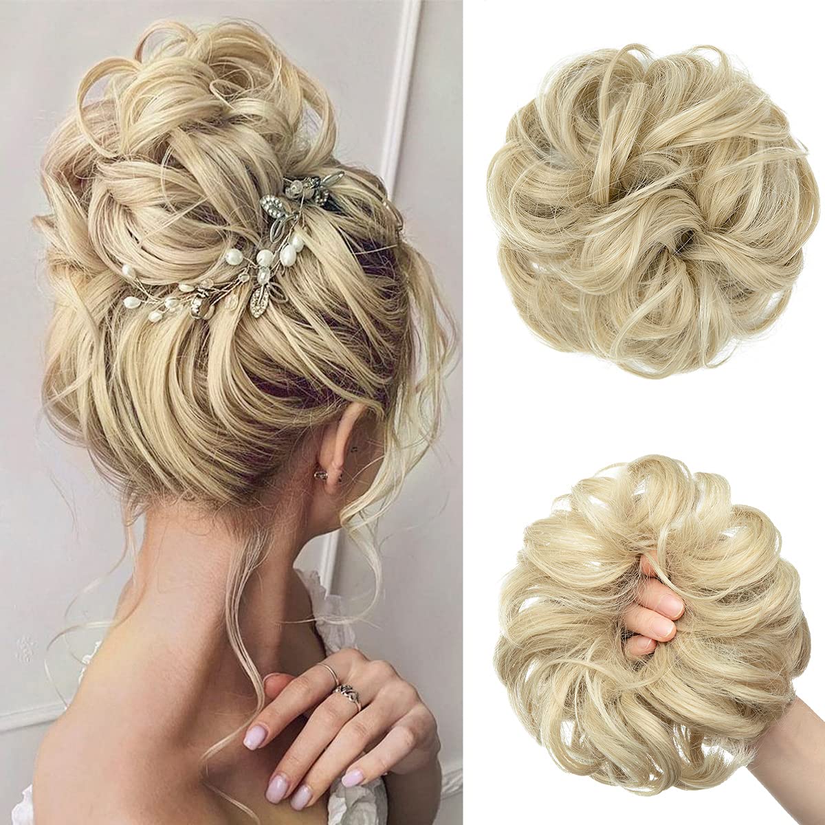 CJL HAIR Large Messy Bun Hair Piece Wavy Curly Scrunchies Synthetic Chignon Ponytail Hair Extensions Thick Updo Hairpieces for Women Ash Blonde