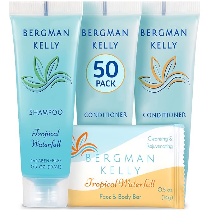 BERGMAN KELLY Rectangular Hotel Soap Bars, Shampoo & Conditioner 3-Pc Set (0.5 oz each, 150 pc, Tropical Waterfall), Delight Guests with Invigorating & Refreshing Bulk Travel Size Hotel Toiletries