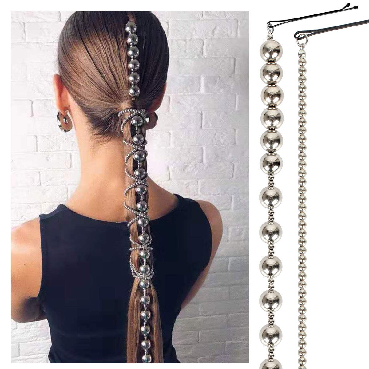 2PCS Dreadlocks Metal Tassel Ponytail Multi-Strand Hair Chain Prom Party Concave styling hair accessories hair extension chain with clip for girls and women (silver)