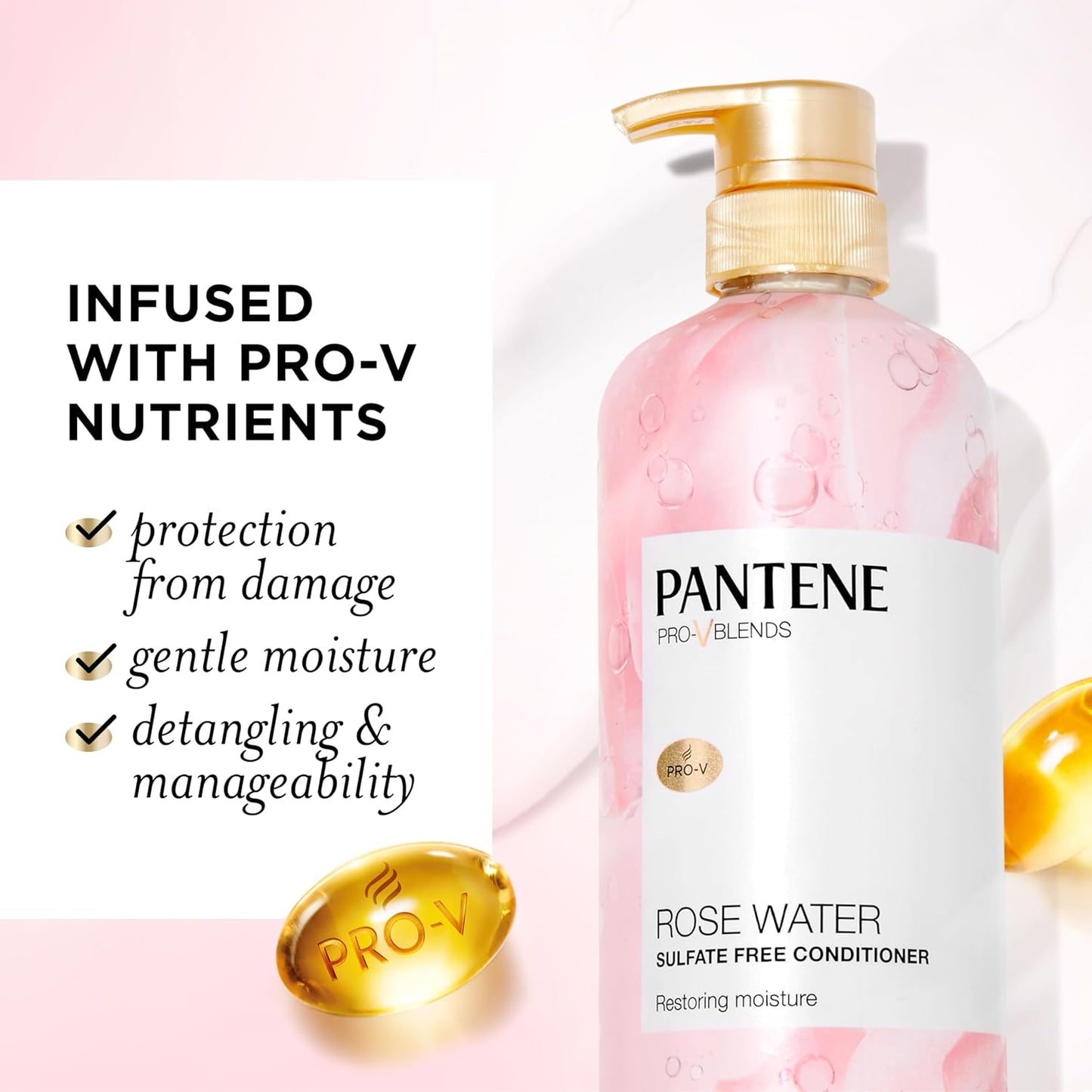 Pantene Rose Water Conditioner, Soothes, Replenishes Hydration, Safe for Color Treated Hair, Nutrient Infused with Vitamin B5 and Antioxidants, Pro-V Blends, 30.0 oz