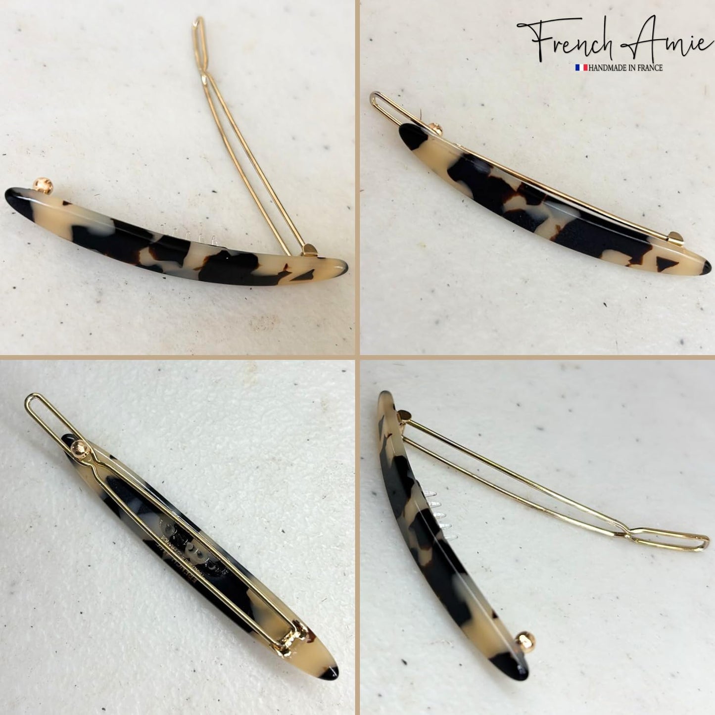 French Amie Narrow Oblong Small 2 1/4" Celluloid Acetate Set of 2 Side Slide In Hair Clip Barrettes with Tige Boule Clasp for Girls and Women, Made in France (White Tokyo)