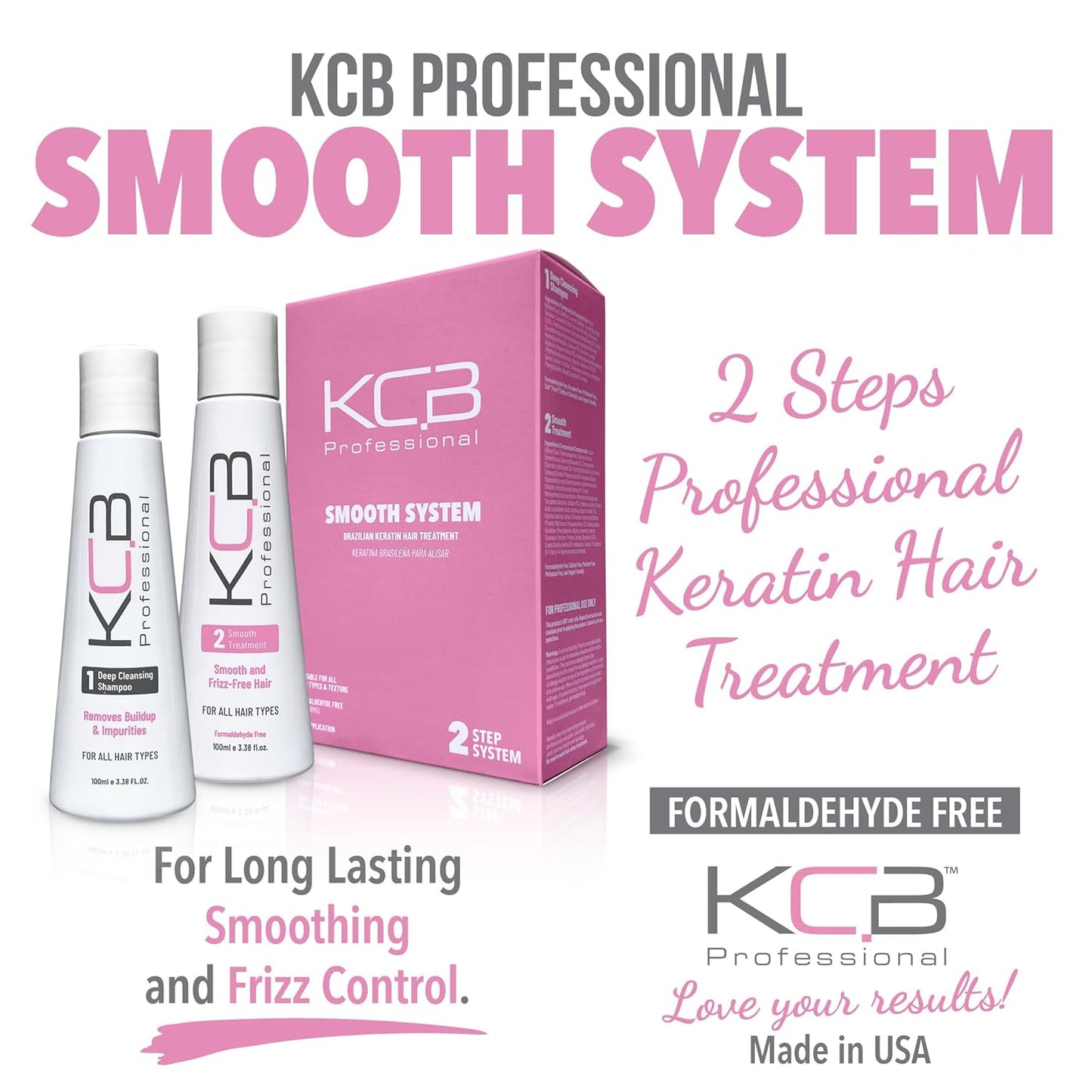 Smooth System, 2 Steps Brazilian Keratin Hair Treatment for Smoothing and Hair Frizz Control, Complex Blowout, Straightening, All Hair Types, Formaldehyde Free, 3.38 Fl oz / 100ml Kit