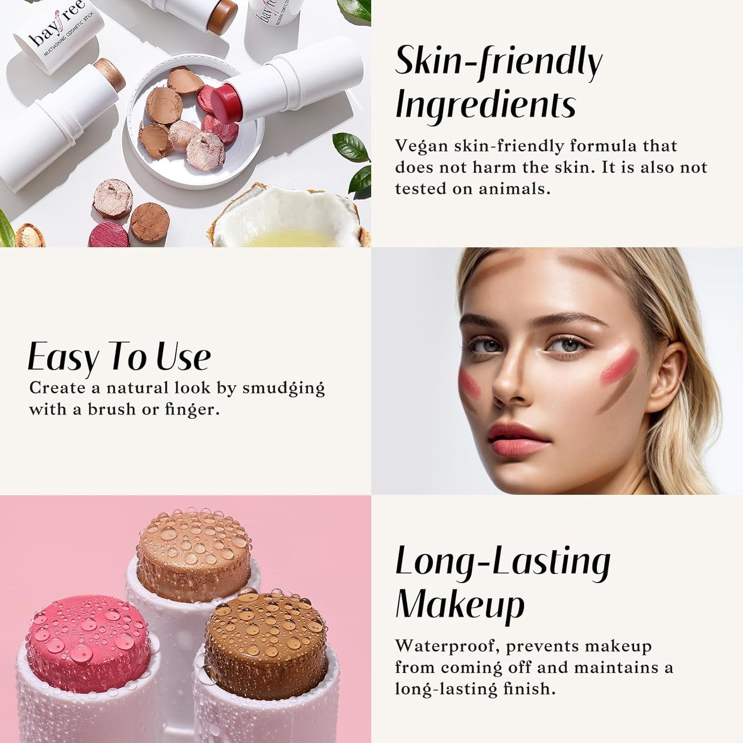 KIMUSE Multi Stick Trio Face Makeup, Cream Blush Stick for Cheeks & Lips, Contour Stick & Highlighter Makeup Sticks for All Skin