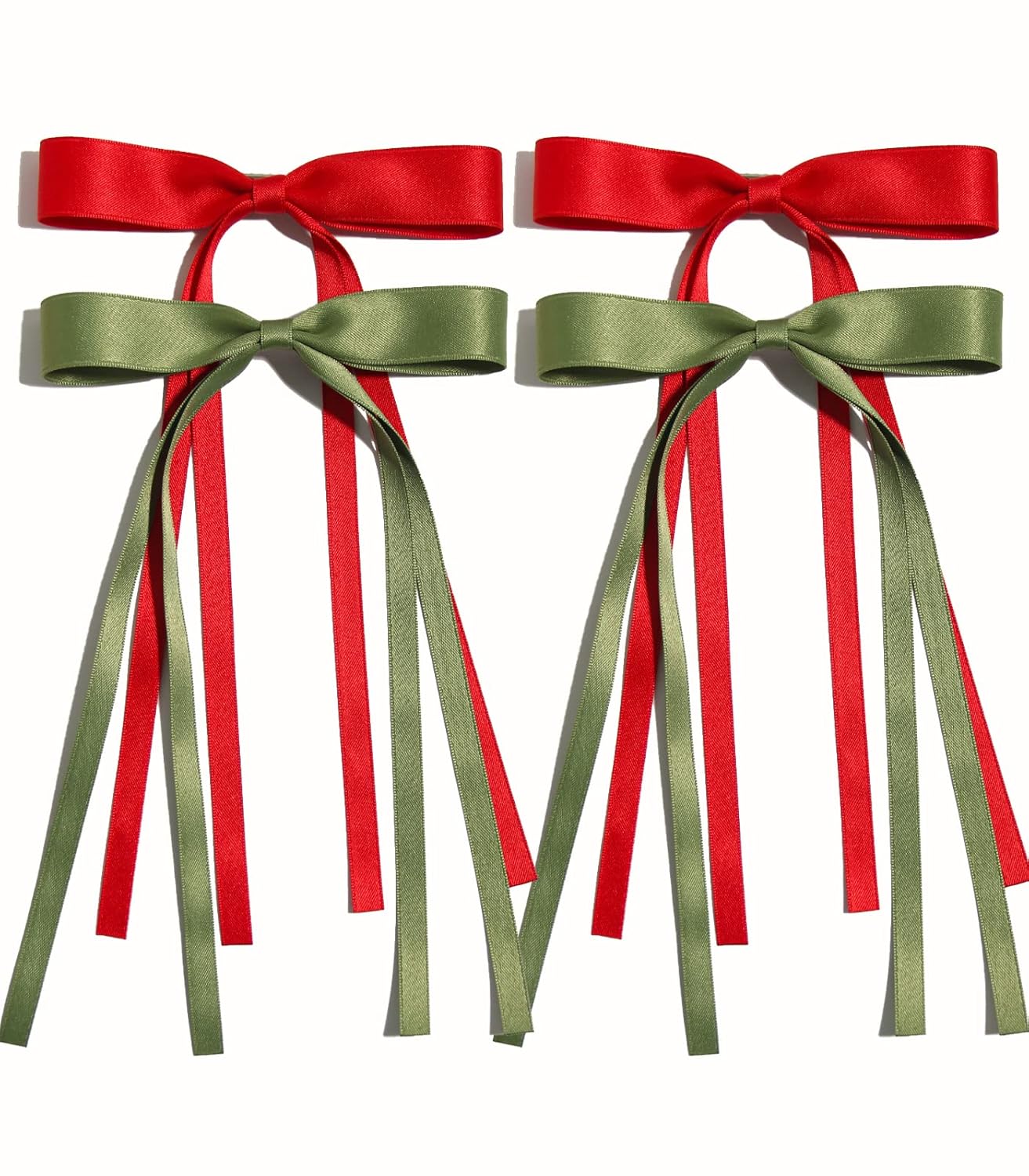 Tassel Ribbon Bowknot Hair Clips with Long Tails for Women and Girls, Solid Barrettes and Claw Clips with Bows for Long Hair (Red Green)