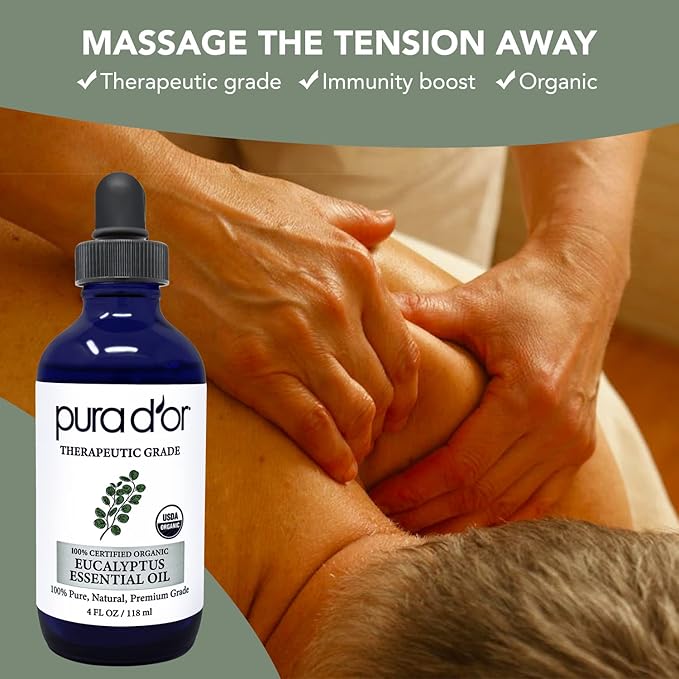 PURA D'OR Organic Eucalyptus Essential Oil (4oz with Glass Dropper) 100% Pure & Natural Therapeutic Grade for Hair, Body, Skin, Aromatherapy Diffuser, Relaxation, Massage, Home, DIY Soap