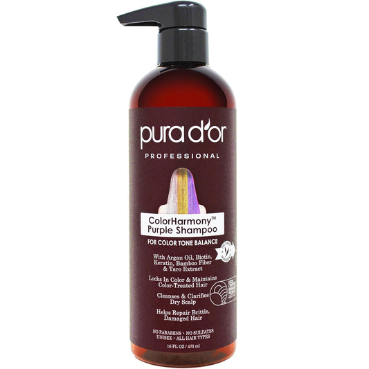 PURA D'OR 16 Oz ColorHarmony Purple Shampoo For Bleached, Blonde, Silver & Color Treated Hair - Keratin, Bamboo Fiber, No Sulfates, Select Natural Ingredients - Men & Women