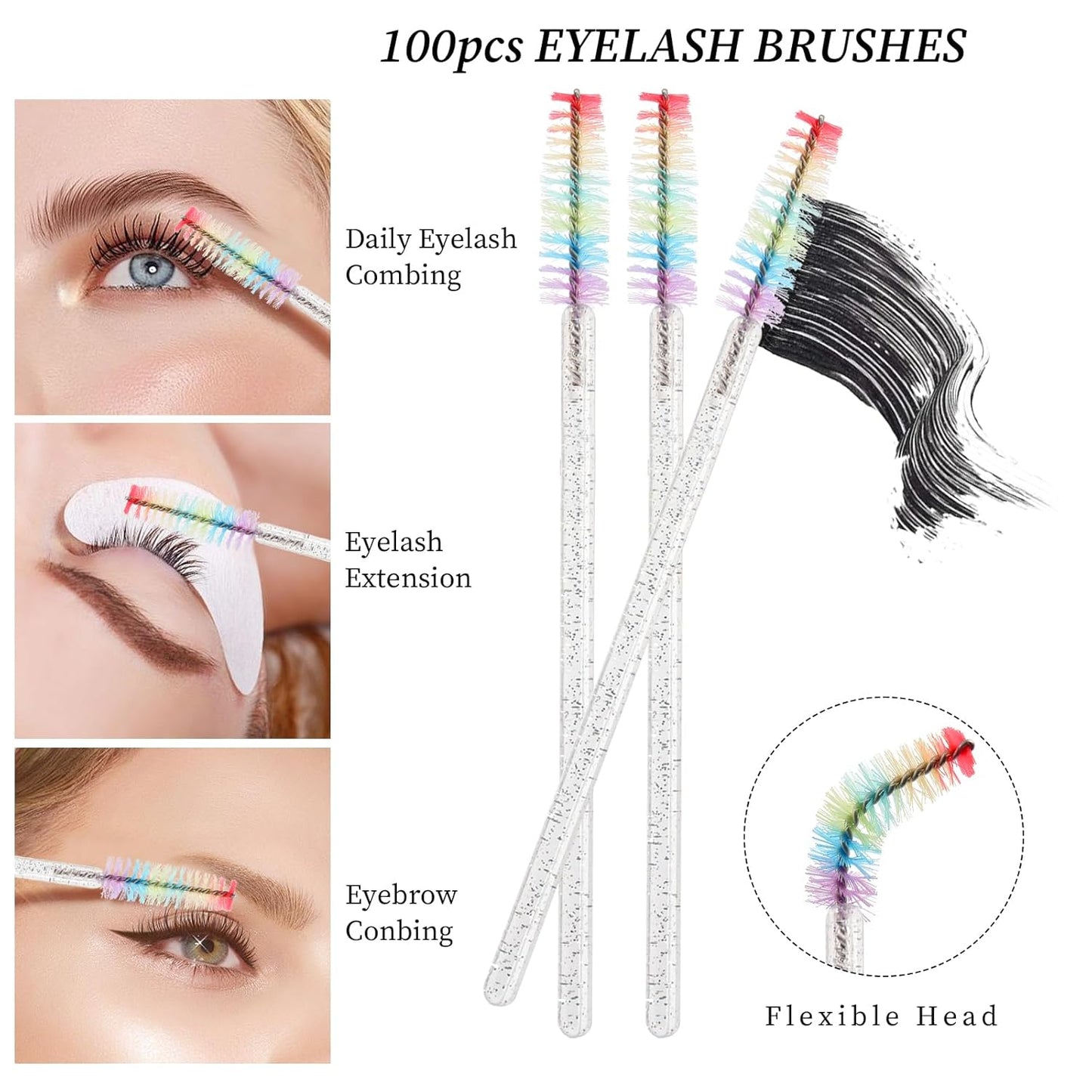 300 PCS Eyelash Extension Supplies Kit, Disposable Lash Spoolies Brushes Micro Swab Brushes Mascara Wand Lip Brushes for Eyelash Extension Tattoo Lipstick Applicator（White Rainbow）