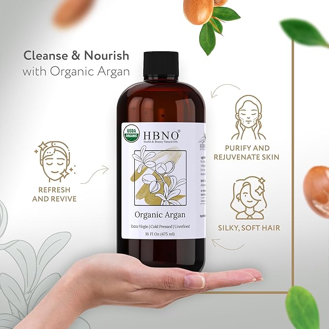 HBNO Organic Argan Oil - Huge 16 oz (475 ml) Value Size - Natural Argan Oil, Cold Pressed - Perfect Carrier Oil for Massage, Aromatherapy, DIY, Soap Making, Face, Body, Lips, Hair, Nails - Argan Oil