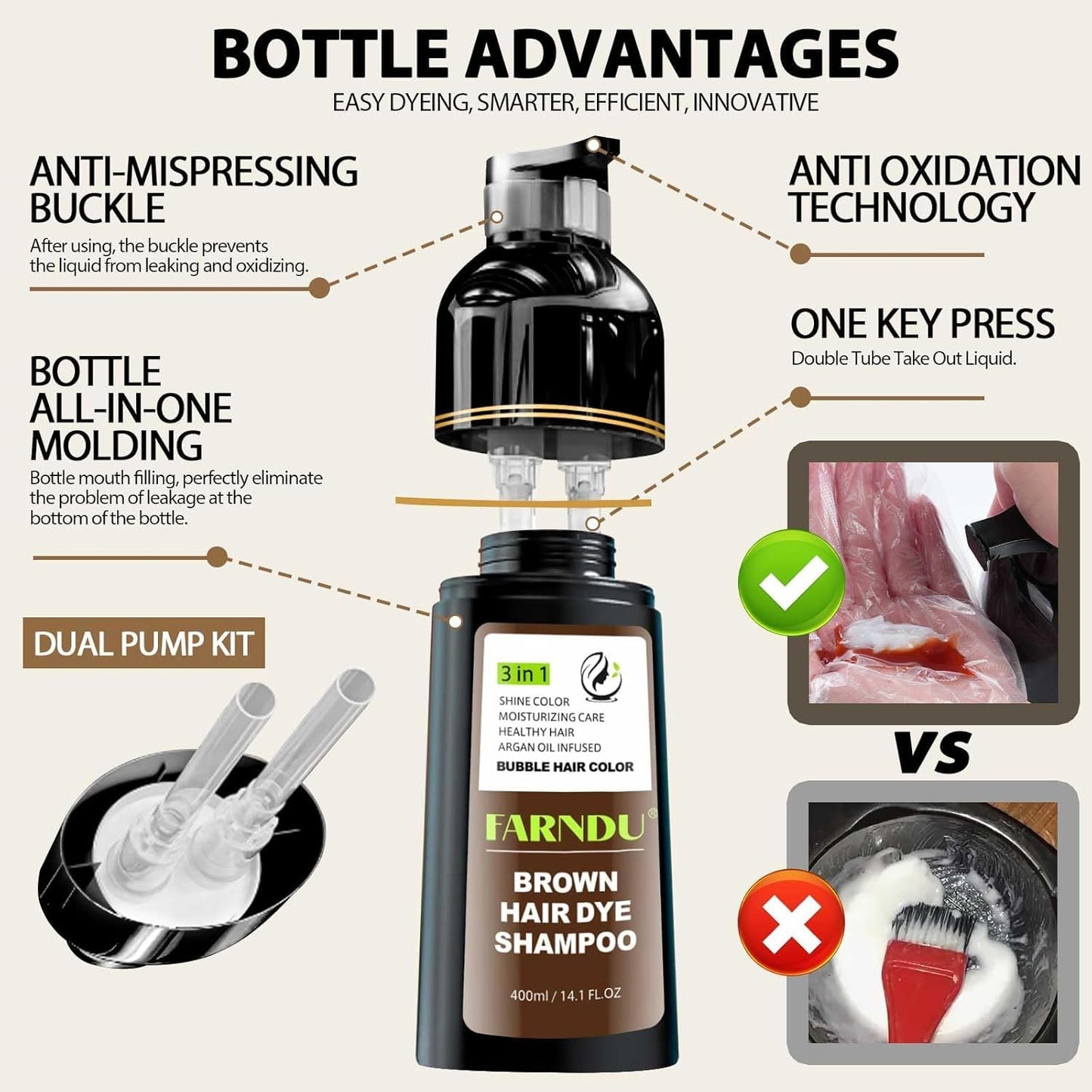 Brown Hair Dye Shampoo, 3 in 1 Instant Hair Color with 15 Min Gray Coverage, Natural Semi-Permanent Herbal Shampoo for Men & Women