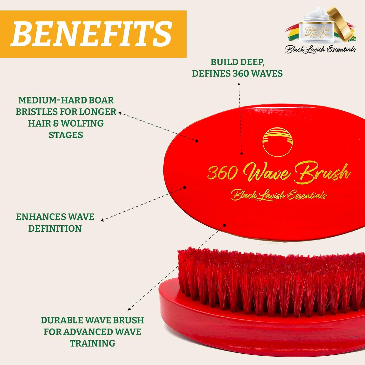 360 Wave Brush, Build Deeper Waves, Soft & Hard Boar Bristle Curved Brushes BLACK LAVISH ESSENTIALS (Medium-Hard, Red)