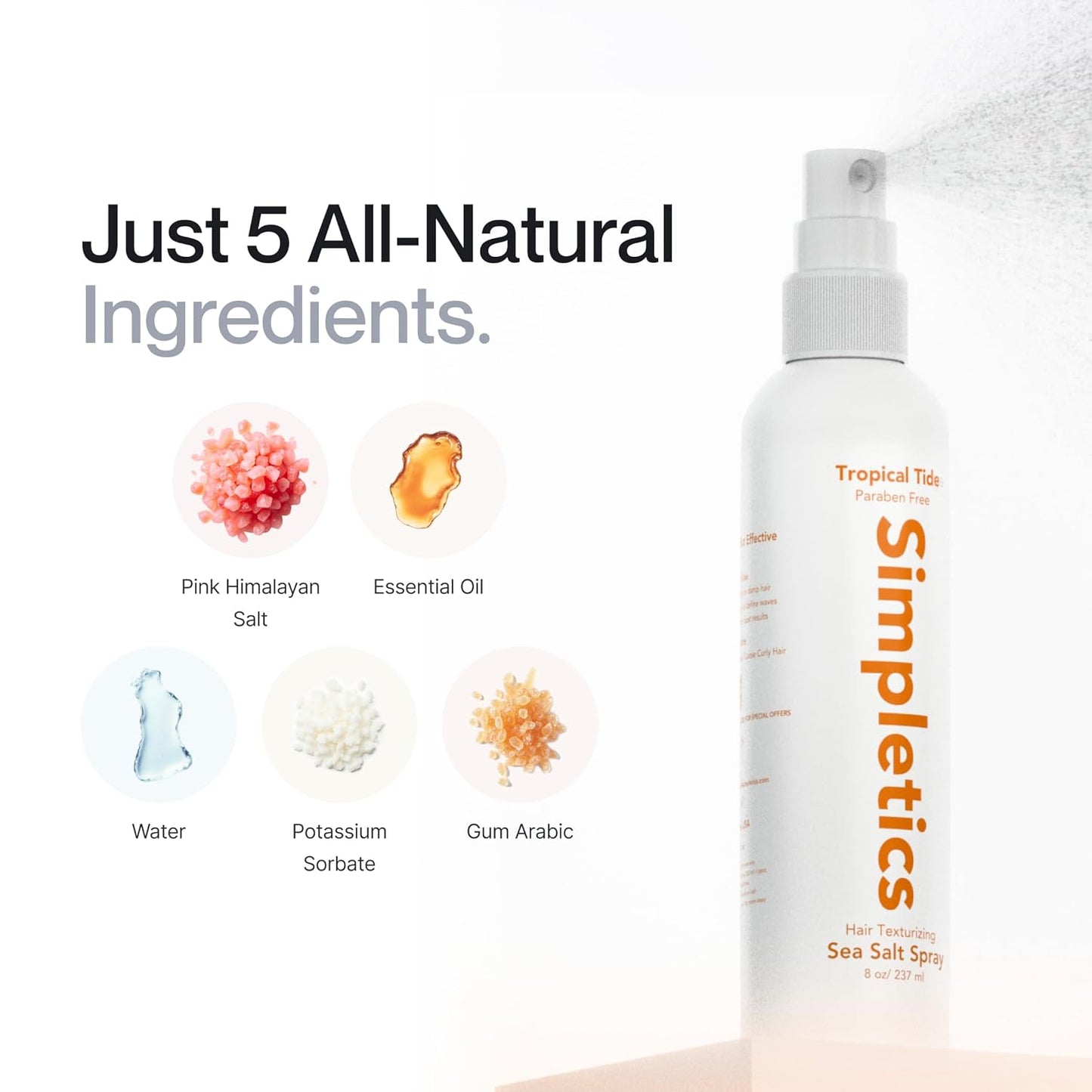 Simpletics Himalayan Sea Salt Hair Spray (Vanilla Scent) – Natural 5-Ingredient Formula for Beach Waves & Volume – Light Hold, Non-Greasy, Paraben & Sulfate Free – Unisex 8 fl oz