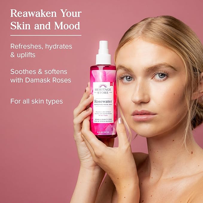 HERITAGE STORE Rosewater - Refreshing Face Mist with Damask Rose, All Skin Types - Hydrating Rose Water Spray for Glowing Skin Care - No Dyes or Alcohol, Hypoallergenic, Vegan, 60-Day Guarantee, 4oz
