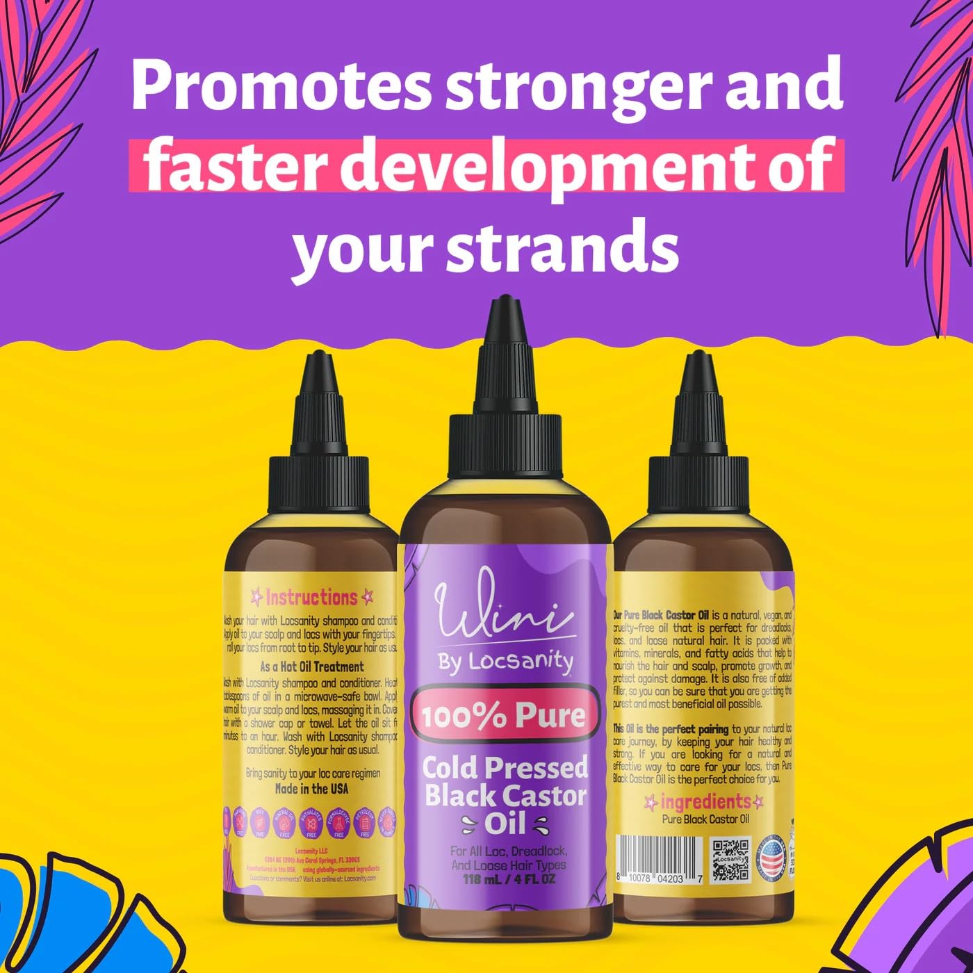 Locsanity Wini Pure 100% Jamaican Black Castor Oil Organic Cold-Pressed | Non-GMO | Unscented - 4 fl oz: Moisturizing Face & Hair Oil for Growth, Skin Care, Strengthening, & Nourishing