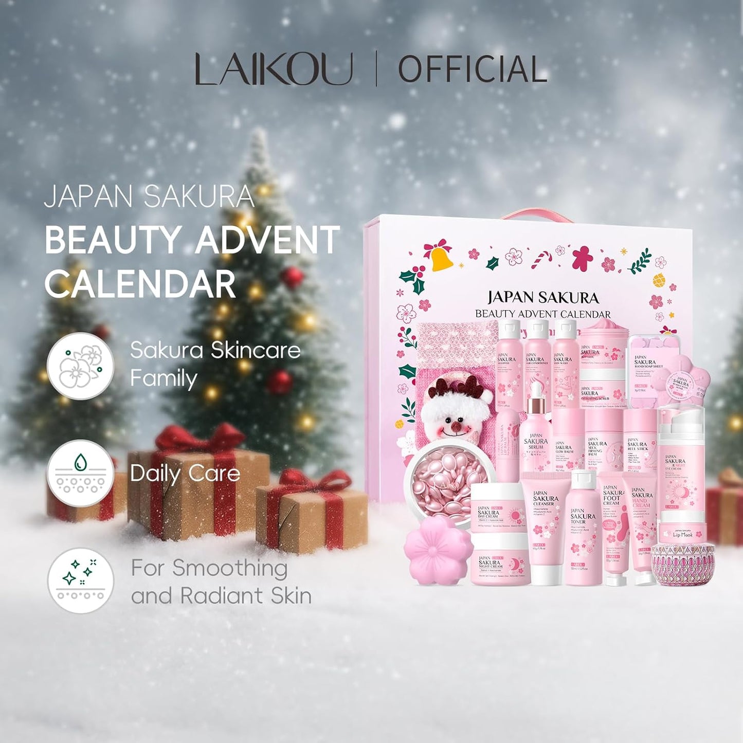 LAIKOU Japan Sakura Beauty Advent Calendar 2025, Christmas Gifts for Women, Skin Care Set, Bath Body Gift Set, New Year Skincare Beauty Gift Baskets, 24pcs Surprise Gift Box for Women and Girls