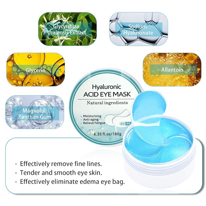 Under Eye Patches, Hyaluronic Acid Eye Mask Moisturizing, 60PCS Gel Eye Masks Pads With Collagen Eye Treatment for Reducing Dark Circles, Wrinkles Anti-Aging, Fine Lines Eye Bags Puffiness Women Men
