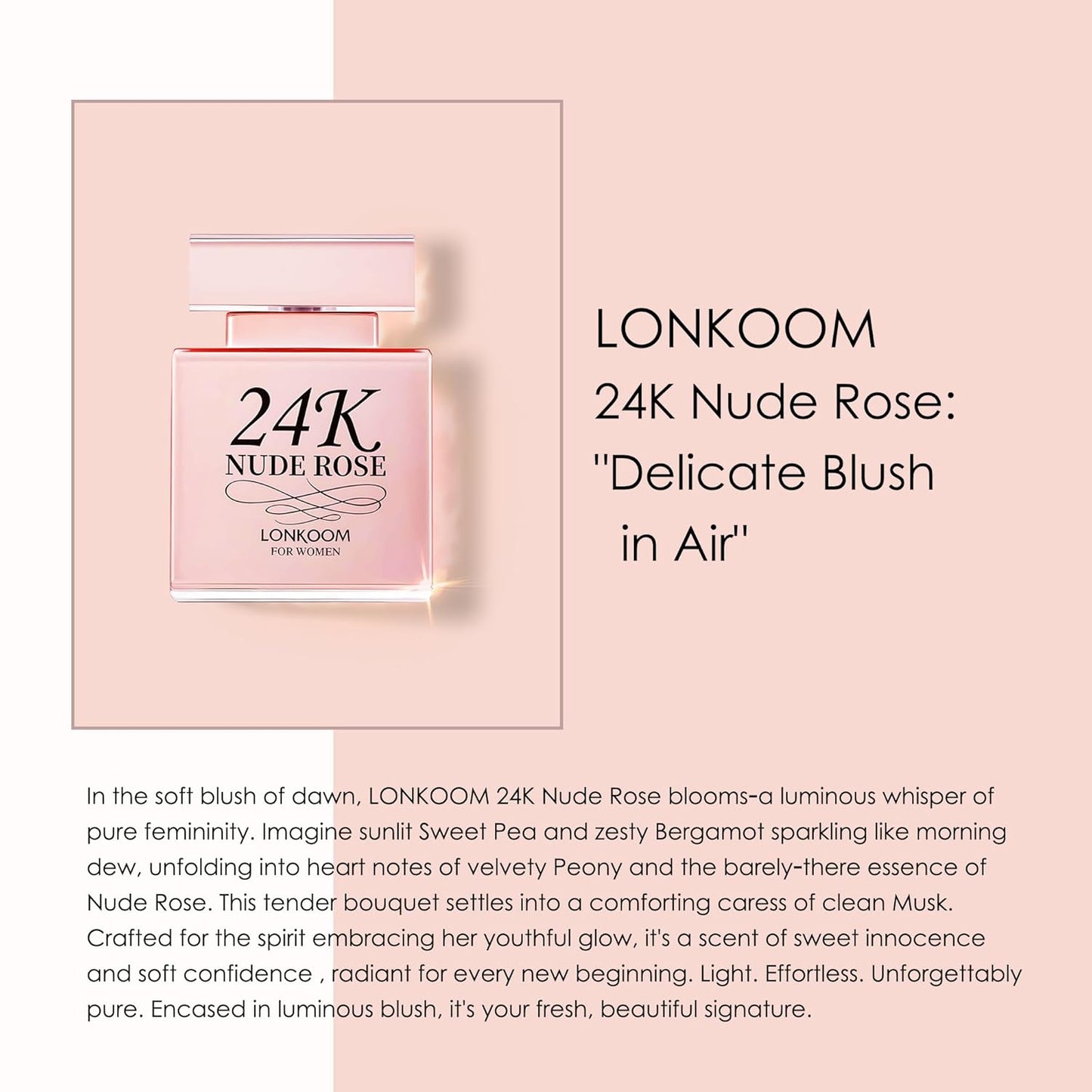 Lonkoom 24K Nude Rose Perfume for Women, 3.4 Fl Oz/100ml Eau de Parfum Spray Long-Lasting Fragrance, Floral Notes of Sweet Pea, Bergamot, Peony, Rose, Musk