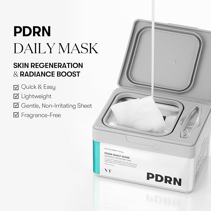 VT COSMETICS PDRN Daily Mask 30 Sheets, Vegan PDRN for Skin Restoration & Radiance, Hydrating & Moisturizing, Anti-Aging, Plumping Effect, Korean Face Mask (350g)